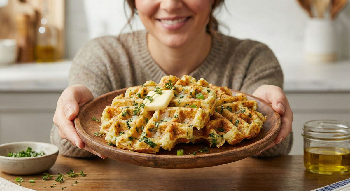 Cheesy thyme waffles made with riced cauliflower and mozzarella cheese served for breakfast