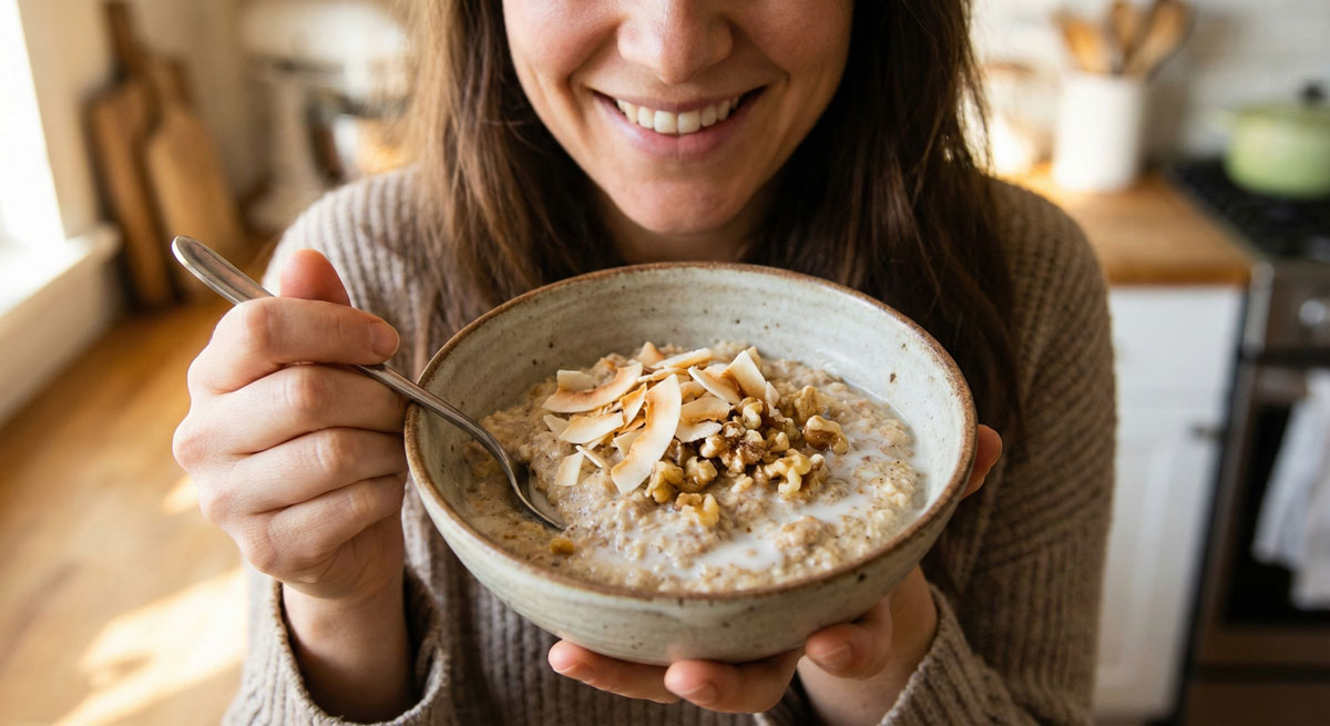 A woman in a kitchen, smiling and holding a bowl of creamy Keto Cereal topped with toasted coconut and walnuts, ready to eat.