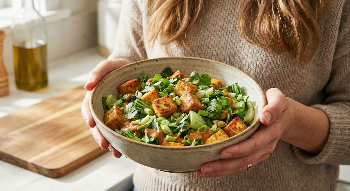 Woman holding a large ceramic bowl filled with homemade Keto Crispy Tofu and Bok Choy Salad tossed in peanut dressing and topped with fresh cilantro in a bright kitchen setting.
