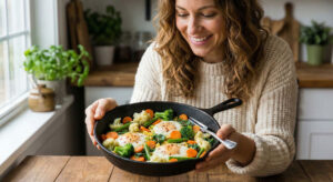Healthy one-pan vegetable and egg stir fry breakfast with mixed greens and carrots.