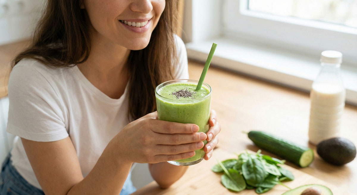 A smiling woman in a kitchen holds a glass of the keto green smoothie, garnished with chia seeds and a green straw, with spinach and avocado ingredients in the background.