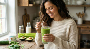 Glass of creamy keto green smoothie topped with chia seeds surrounded by fresh ingredients like spinach avocado and almond milk on a wooden table