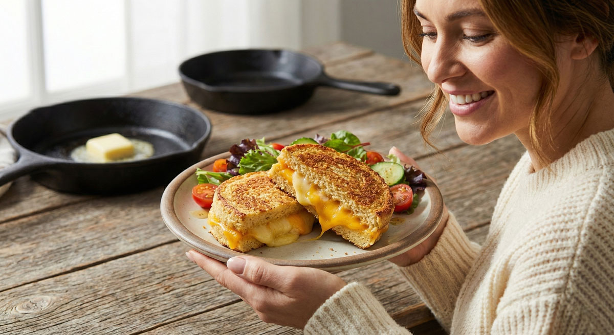 Golden brown keto grilled cheese sandwich cut in half with melted cheese oozing out, served on a plate with a fresh side salad.