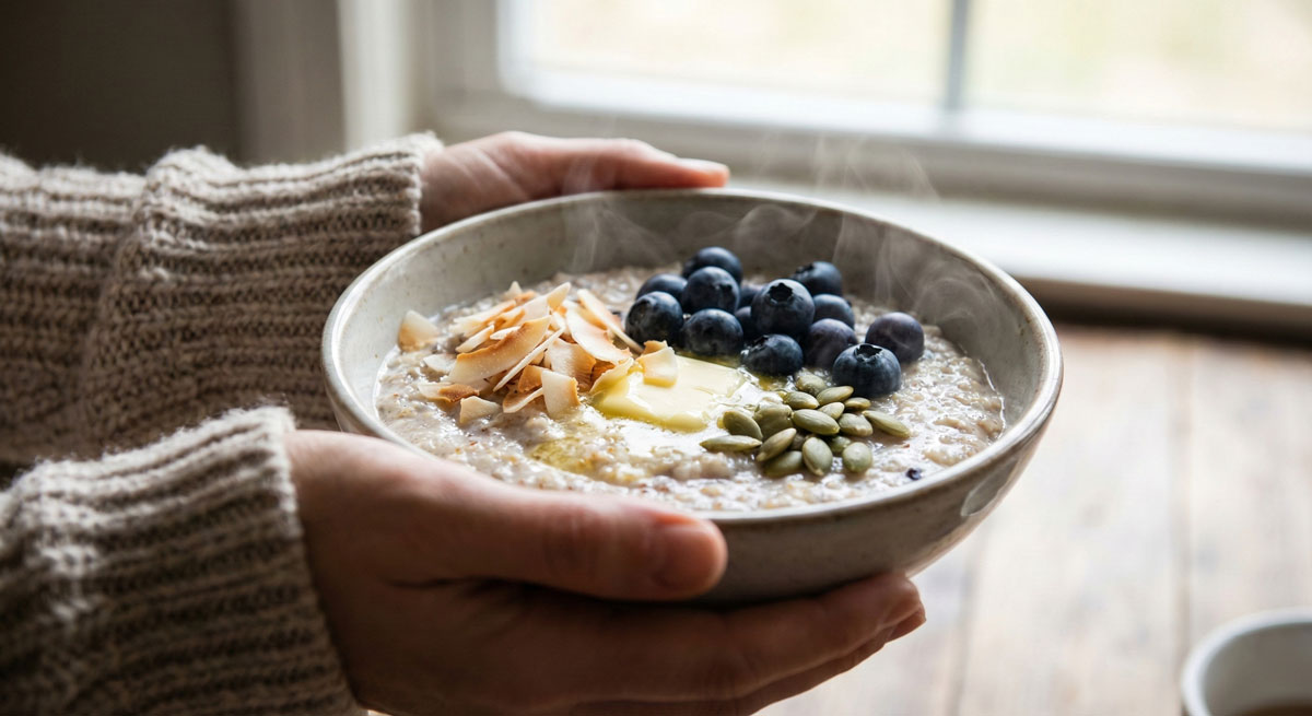 Woman holding a warm bowl of Keto Hot Blueberry Coconut Cereal topped with fresh blueberries, shaved coconut, butter, and pumpkin seeds