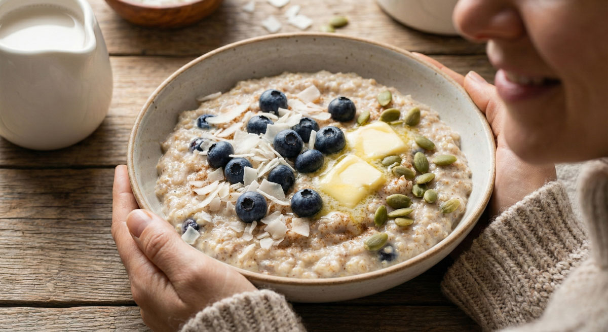 Low carb hot blueberry coconut cereal breakfast bowl with keto-friendly toppings like pumpkin seeds and almond milk.