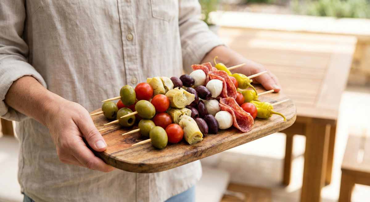 A woman holding a wooden serving board topped with colorful Antipasto Kebabs made with Spanish queen olives, salami, and marinated mozzarella balls.