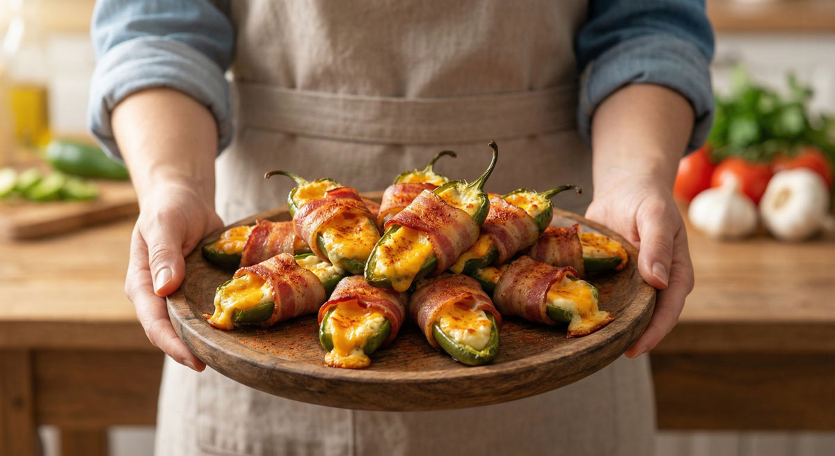 Close-up of a chef in an apron holding a tray of oven-baked Bacon Wrapped Jalapeno Poppers garnished with paprika.
