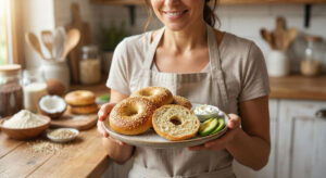 A woman in an apron holds a plate of sesame topped Keto Bagels including one sliced with cream cheese and avocado in a bright kitchen
