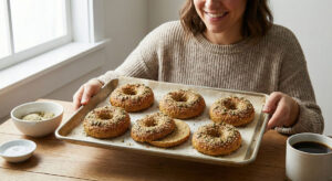 Homemade low-carb keto bagels made with coconut flour and psyllium husk, topped with seeds.