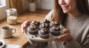 A close up photograph of a smiling woman holding a ceramic plate piled with six freshly baked Keto Brownie Muffins topped with slivered almonds