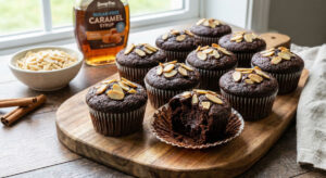 Freshly baked Keto Brownie Muffins topped with slivered almonds arranged on a wooden serving board.