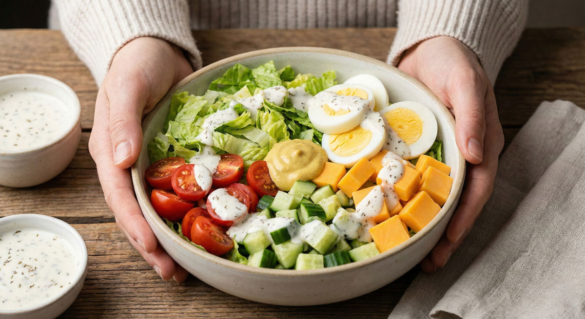 Woman holding a fresh Keto Club Salad bowl topped with hard-boiled eggs, cheddar cheese, and creamy dressing.