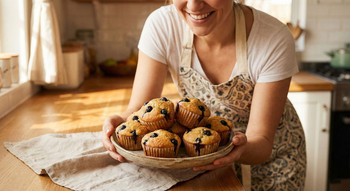 Smiling woman holding a rustic plate filled with freshly baked Keto Low Carb Blueberry Muffins in a sunlit kitchen.