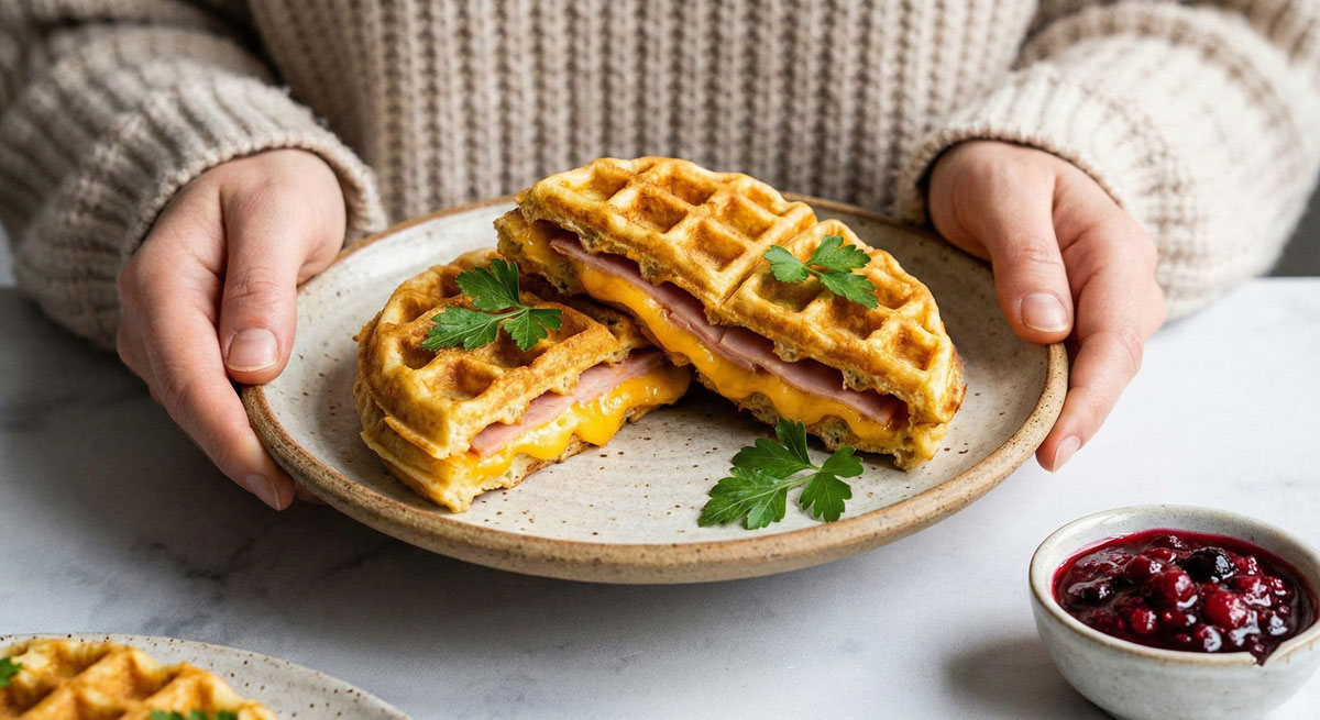 Woman holding a plate featuring golden Low Carb Ham & Cheese Stuffed Waffles sliced to reveal melted cheddar and ham filling.