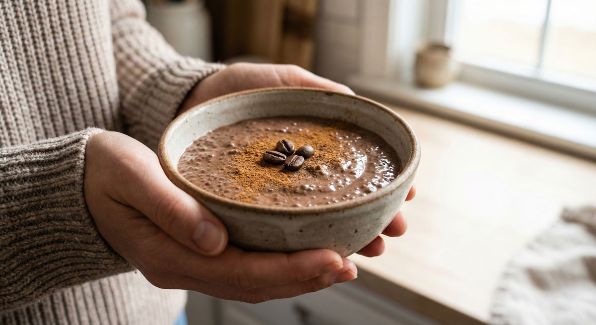 Close-up of a woman holding a ceramic bowl of creamy Mocha Chia Pudding garnished with cinnamon and coffee beans in a cozy kitchen.