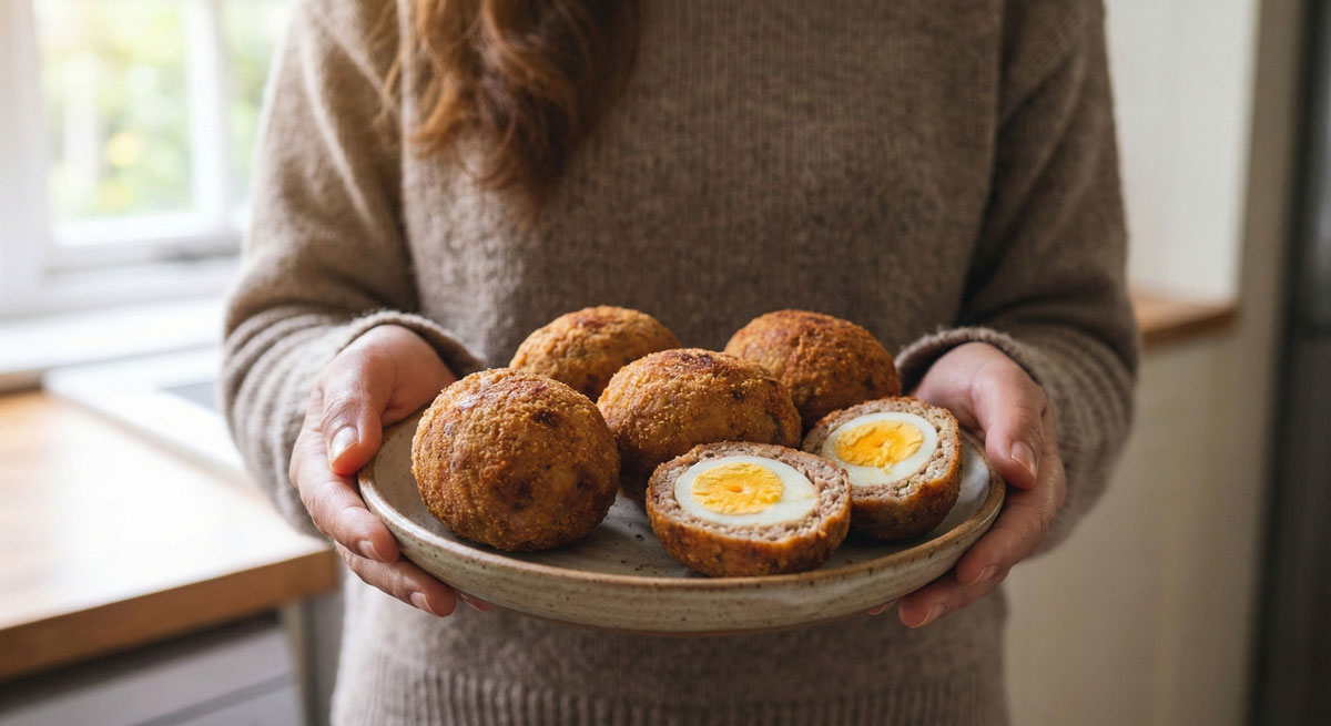 Woman holding a rustic plate of golden brown Sausage Scotch Eggs, featuring one sliced open to reveal the boiled egg center.