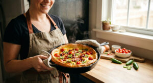 Woman holding a cast iron skillet with a fresh Spicy Egg Frittata topped with crispy bacon cherry tomatoes and serrano peppers