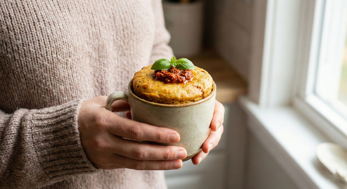 A woman in a cozy sweater holding a ceramic mug containing a freshly cooked Sun-Dried Tomato Pesto Mug Cake garnished with basil.