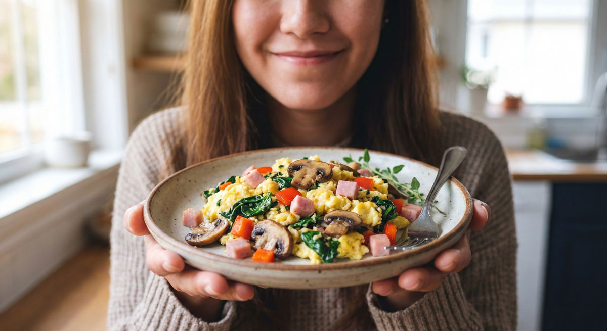 A close-up photograph of a woman holding a plate of "The Quick Scramble," a hearty breakfast dish featuring fluffy scrambled eggs loaded with sautéed spinach, sliced baby bella mushrooms, diced ham, and red bell peppers.