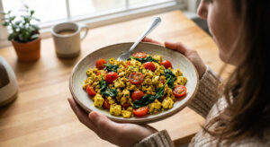 Woman holding a warm bowl of Tofu Scramble with cherry tomatoes and spinach