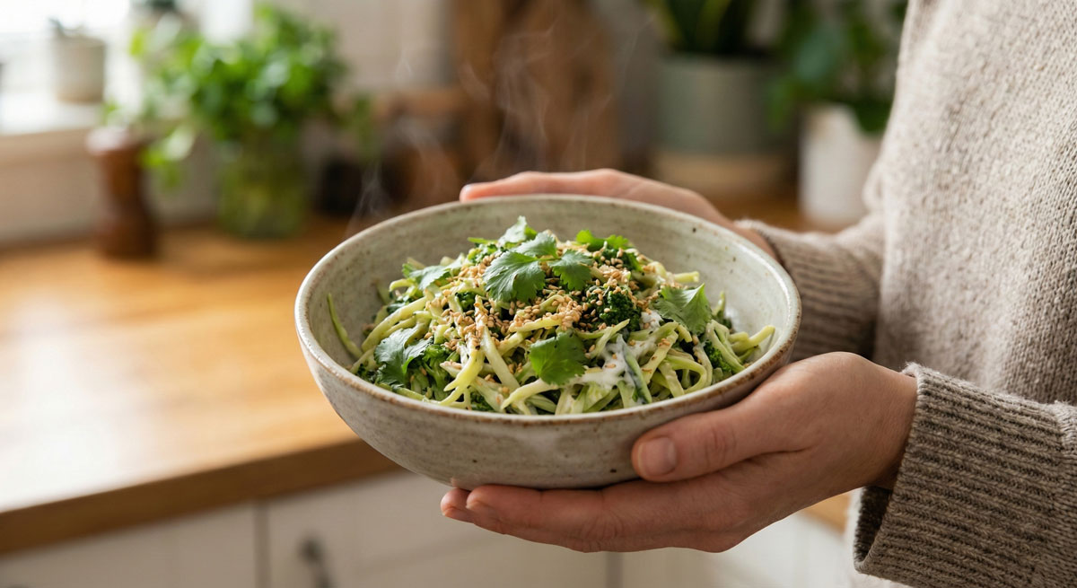 Steaming bowl of Warm Asian Broccoli Salad, featuring creamy broccoli slaw, sesame seeds, and cilantro, held in a pair of hands in a rustic kitchen setting.