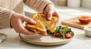 Hands pulling apart a Keto Low Carb Grilled Cheese Sandwich to reveal the melted cheese filling served on a plate with a fresh side salad in a bright kitchen