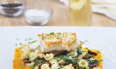 SQUID “PASTA” WITH PAN-SEARED COD, CHORIZO & SPINACH