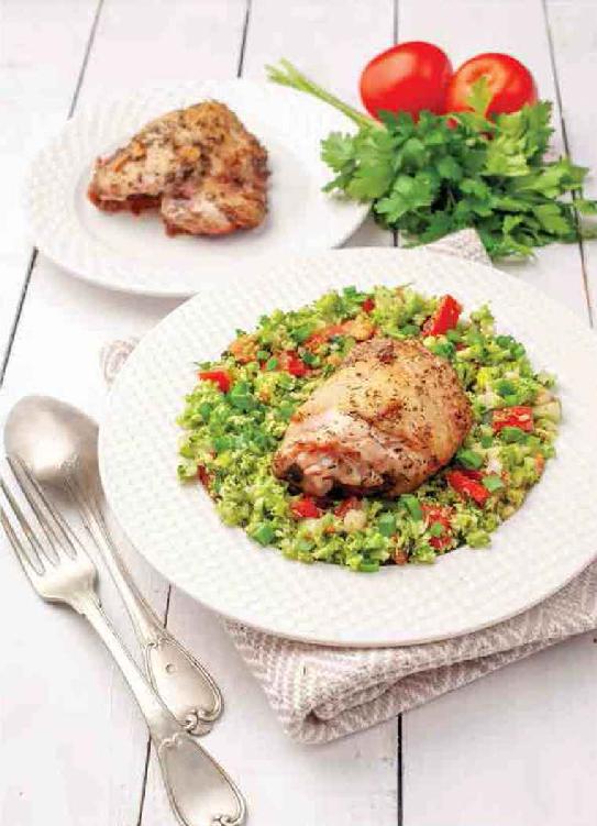 BROCCOLI TABBOULEH WITH GREEK CHICKEN THIGHS