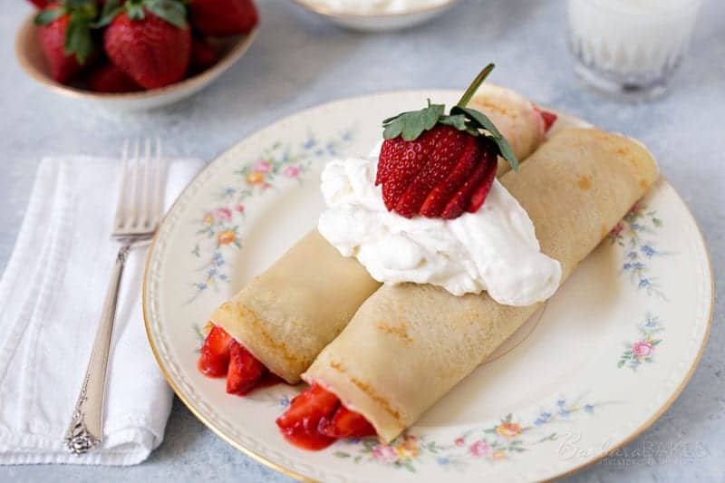 Cream-Filled Crepes with Strawberry Puree
