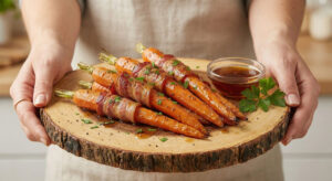 Maple glazed bacon wrapped carrots recipe served on a wooden board with black pepper and parsley topping