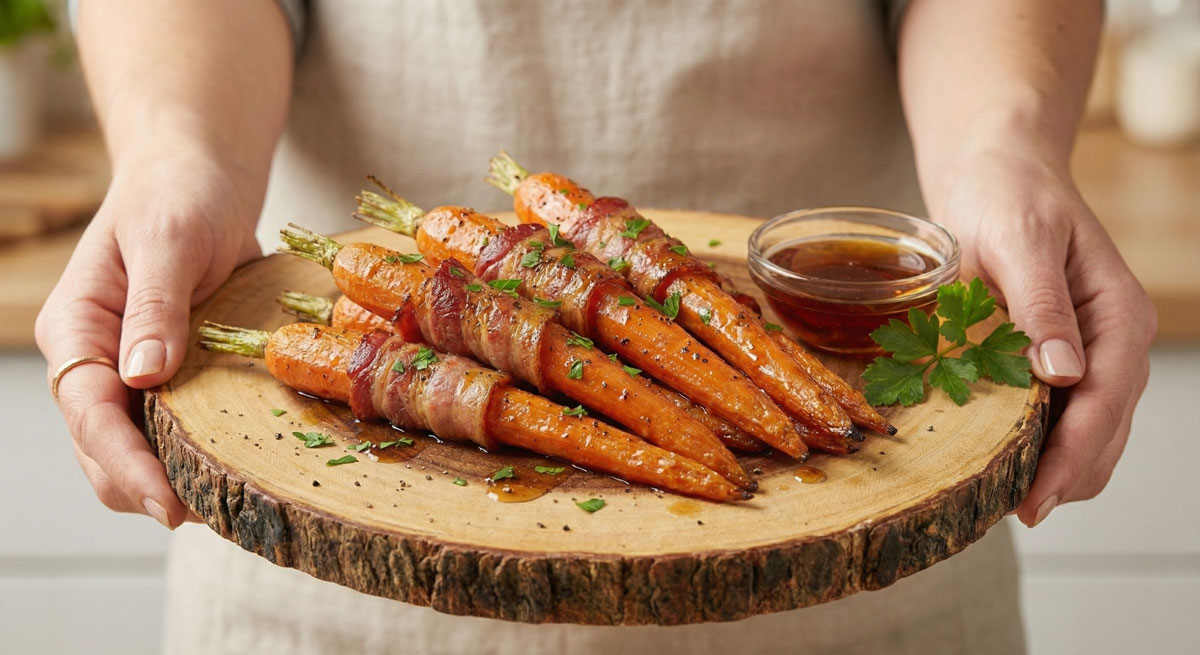 Baked-Carrot-with-Bacon Maple glazed bacon wrapped carrots recipe served on a wooden board with black pepper and parsley topping.