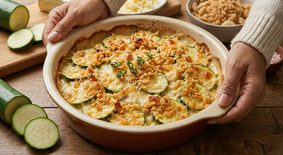 Baked-Zucchini-Gratin Woman holding a baking dish of cheesy Keto Zucchini Gratin with a golden brown pork rind crust.
