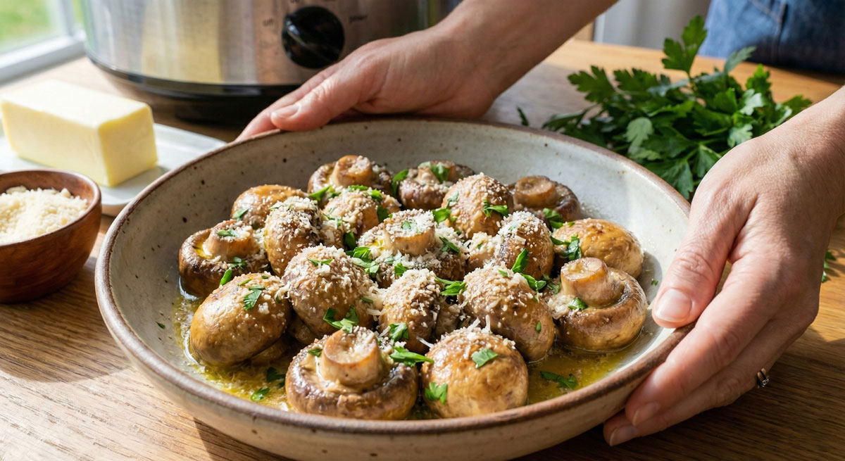 Buttery-Slow-Cooker-Mushrooms Keto Buttery Slow-Cooker Mushrooms recipe low carb side dish with ranch seasoning and butter.