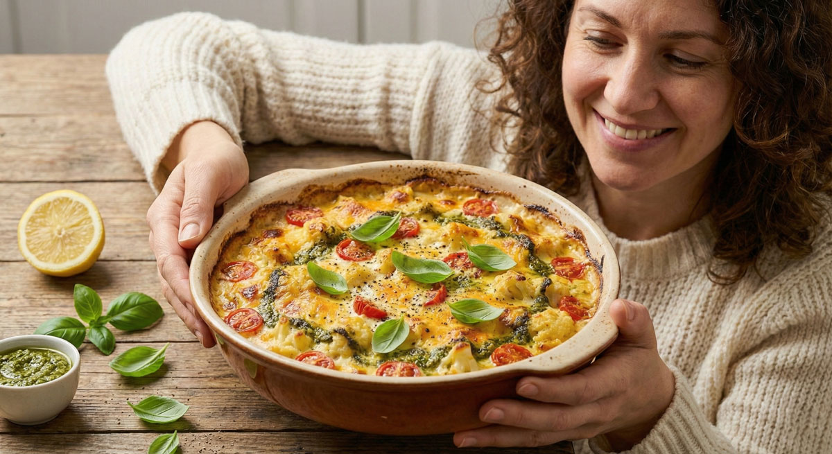 Cheese Cauliflower Bake Keto cheese cauliflower bake with cherry tomatoes and basil pesto in a baking dish.