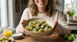 Woman holding a bowl of creamy Brussels sprouts garnished with fresh chives