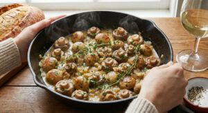 Woman holding a skillet of Creamy Mushrooms with Garlic and Thyme garnished with fresh parsley