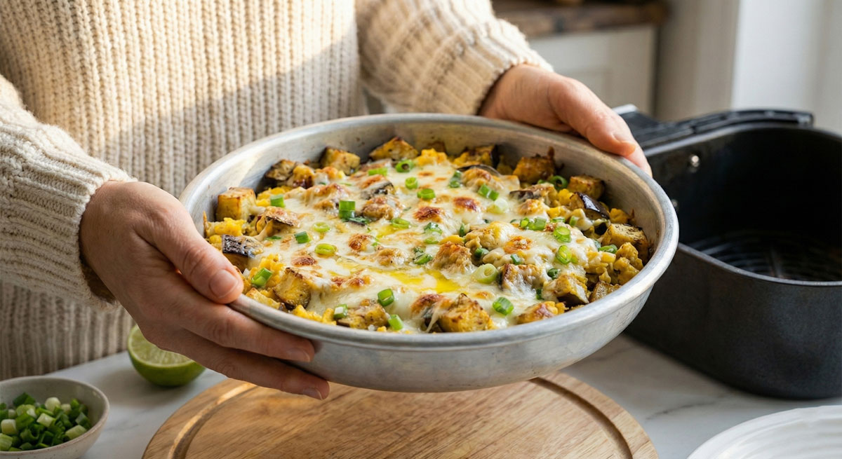 Low carb Eggplant Hash recipe with melted mozzarella and eggs held by a woman.
