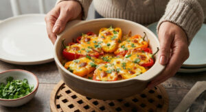 Air fryer stuffed mini peppers mix with cream cheese and melted cheddar