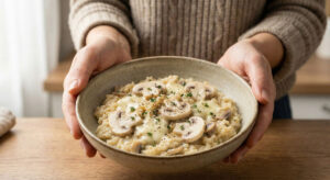 Woman holding a bowl of creamy keto mushroom risotto made with cauliflower rice and garnished with fresh thyme