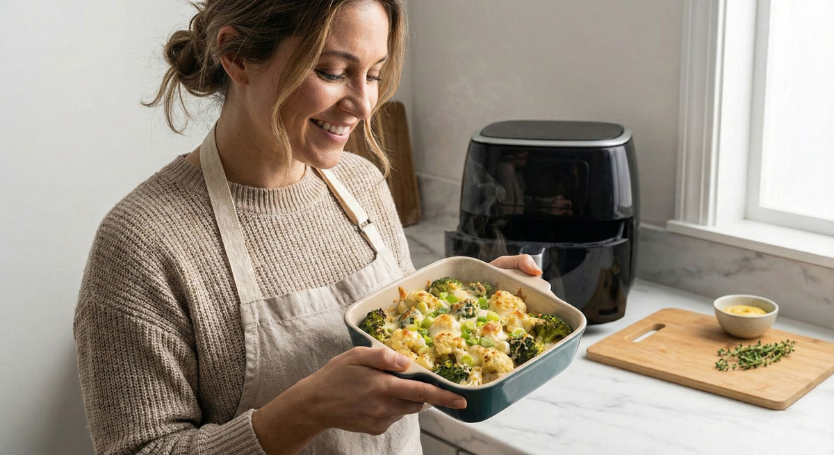 Mustard-Broccoli-and-Cauliflower Woman holding a baking dish filled with cheesy Mustard Broccoli and Cauliflower casserole topped with fresh spring onions.