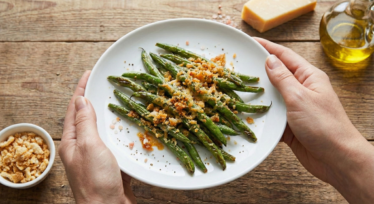 Parmesan-and-Pork-Rind-Green-Beans Roasted Keto green beans topped with crispy crushed pork rinds and grated Parmesan cheese on a white plate.