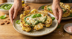 Keto Pesto Cauliflower Steaks topped with melted mozzarella cheese and fresh basil leaves on a plate