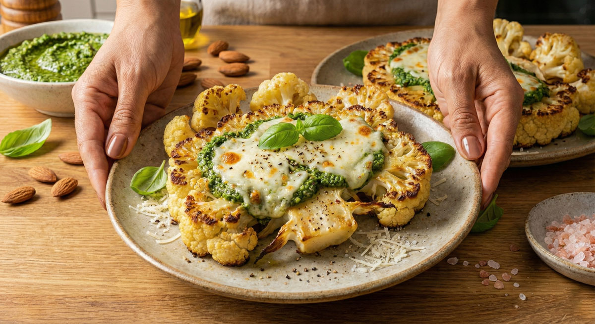 Pesto-Cauliflower-Steaks Keto Pesto Cauliflower Steaks topped with melted mozzarella cheese and fresh basil leaves on a plate.