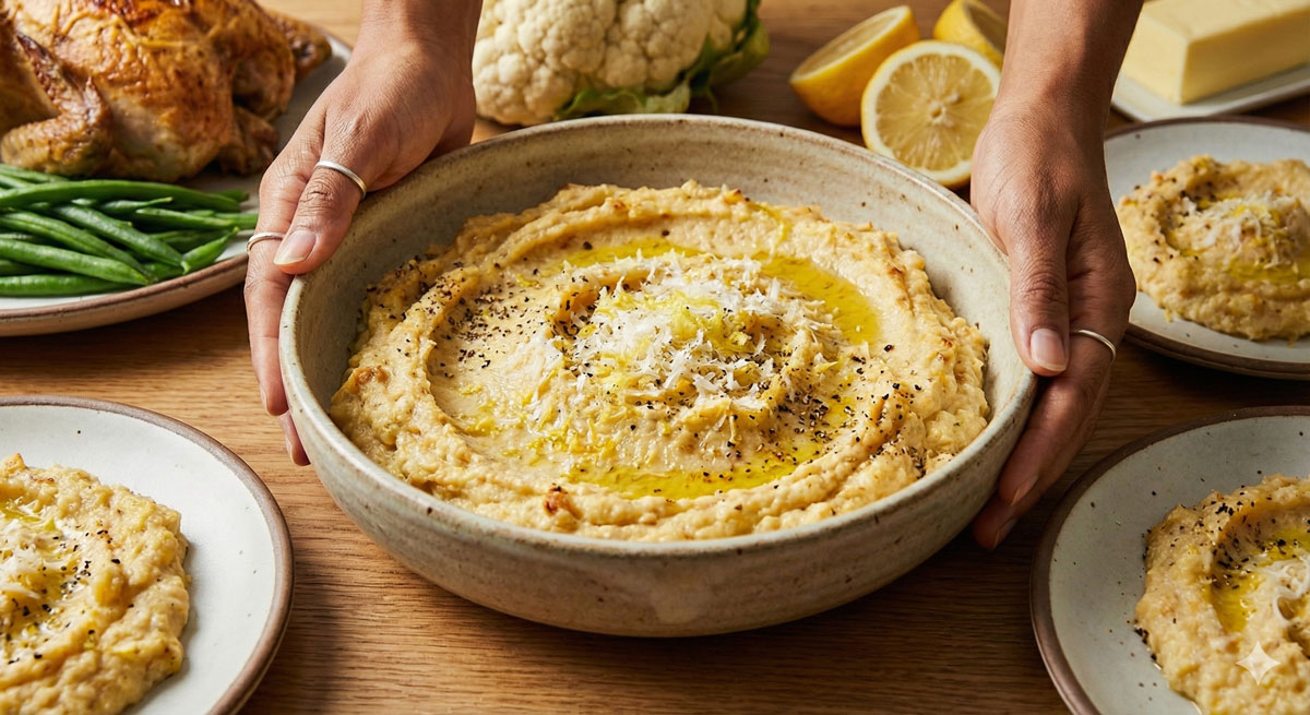 Roasted Cauliflower Mash recipe served in a bowl – a keto-friendly and low-carb side dish with parmesan and lemon butter.