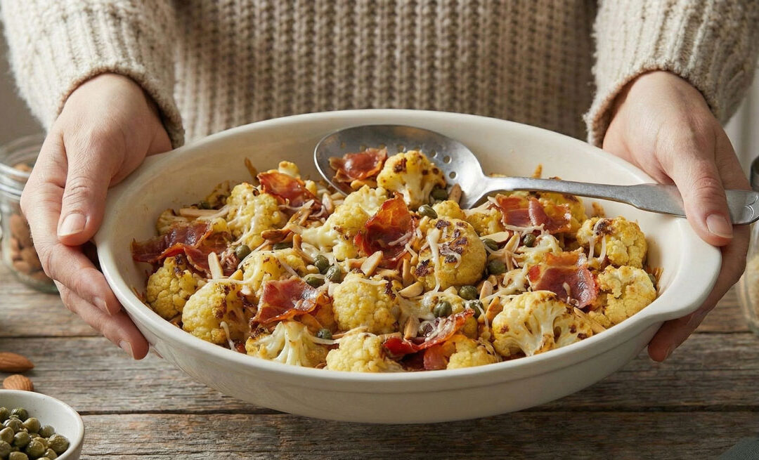 Roasted Cauliflower with Prosciutto, Capers, and Almonds