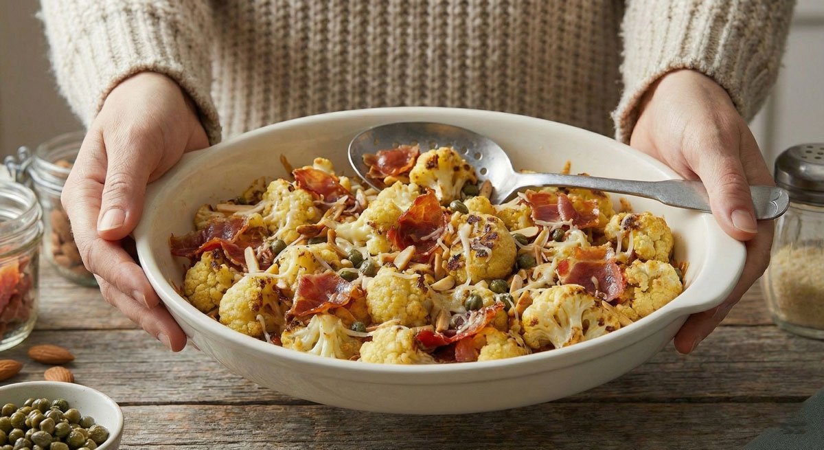 Keto Roasted Cauliflower with Prosciutto, Capers, and Almonds in a baking dish.