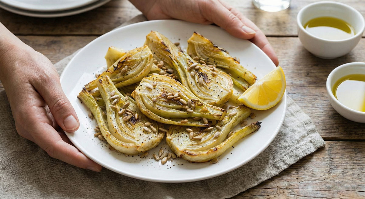Woman holding a white plate filled with golden-brown roasted fennel wedges garnished with sunflower seeds.