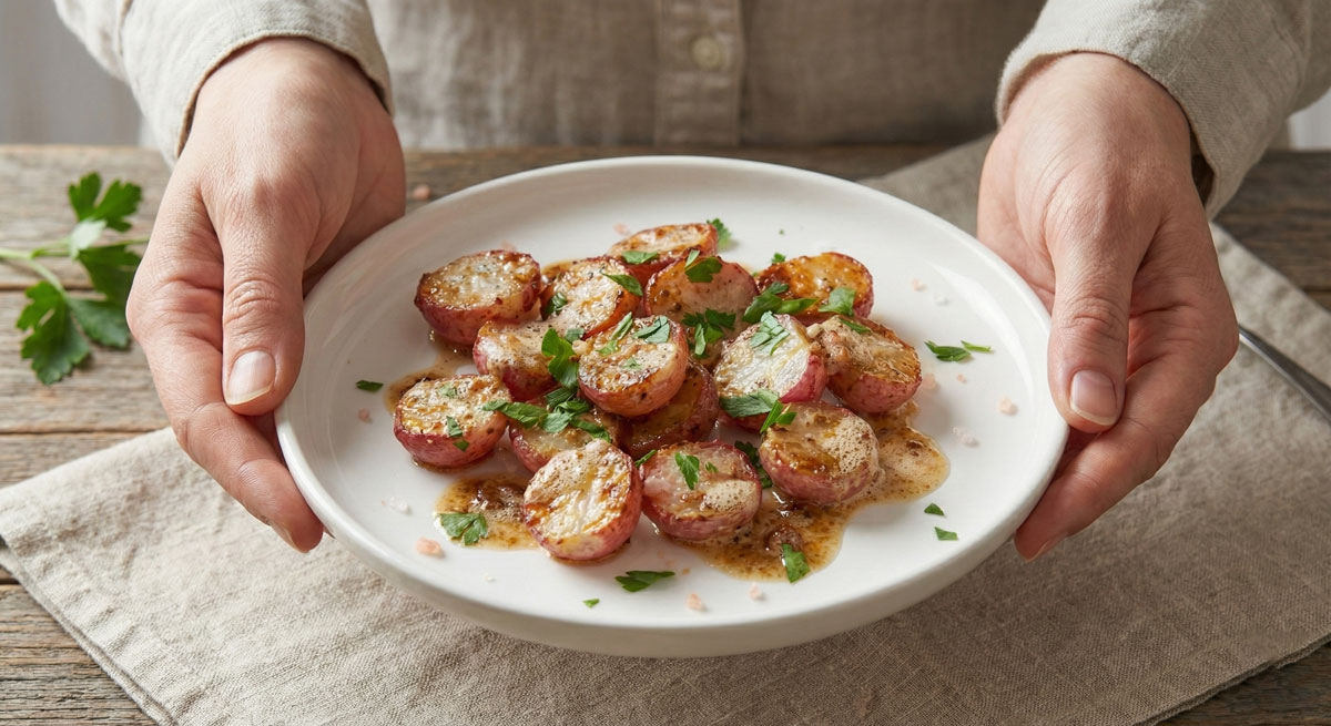 Keto roasted radishes drizzled with nutty brown butter sauce and garnished with chopped Italian parsley on a white plate.
