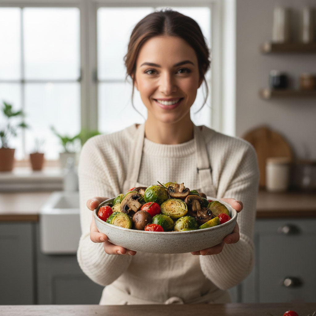 Roasted-Veggies A bowl of air-fried roasted Brussels sprouts, halved brown mushrooms, and cherry tomatoes seasoned with rosemary and lime, held by a woman in a rustic kitchen setting.