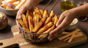 Crispy air fryer rutabaga fries seasoned with chili powder served in a rustic wire basket